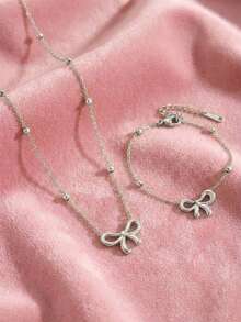 1 Set Elegant Stainless Steel Gold Butterfly Pendant Necklace, Bracelet, Earrings, Ring Jewelry Set, Suitable As Daily Wear Accessories Gift For Girls - Silver - View 10