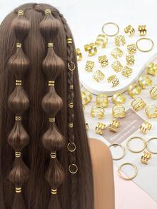 50颗合金波西米亚风迷你脏辫珠，波西米亚复古镂空时尚发圈套装，圆形纯色发饰，适合女性和女孩 - 金色 - 查看 1