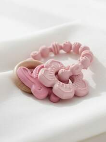 1pc Pink Flower Rabbit Textured Silicone & Wooden Teething Ring, Baby Sensory Toy, Relieve Teething Pain - Multicolor - View 6