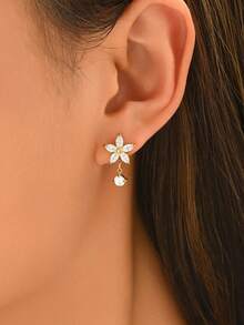 1 Pair Luxury Floral Zirconia Pendant Earrings, Unique Elegant Earrings Suitable For Women's Banquet, Party, Daily Wear, Holiday Gift - Earring - View 2
