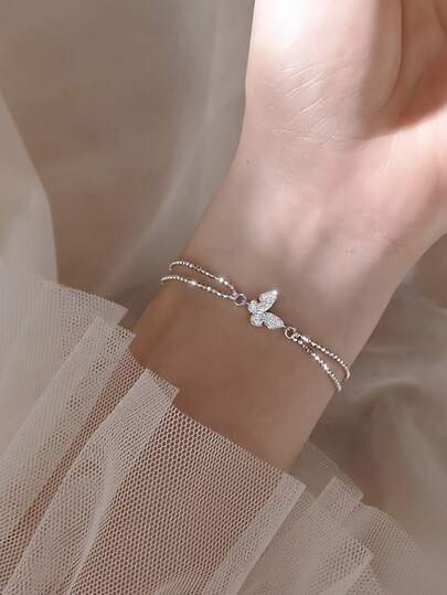 1pc S925 Sterling Silver Minimalist Butterfly Fully Paved Double Layer Bracelet, Delicate & Elegant Design, Suitable As Gift For Women
