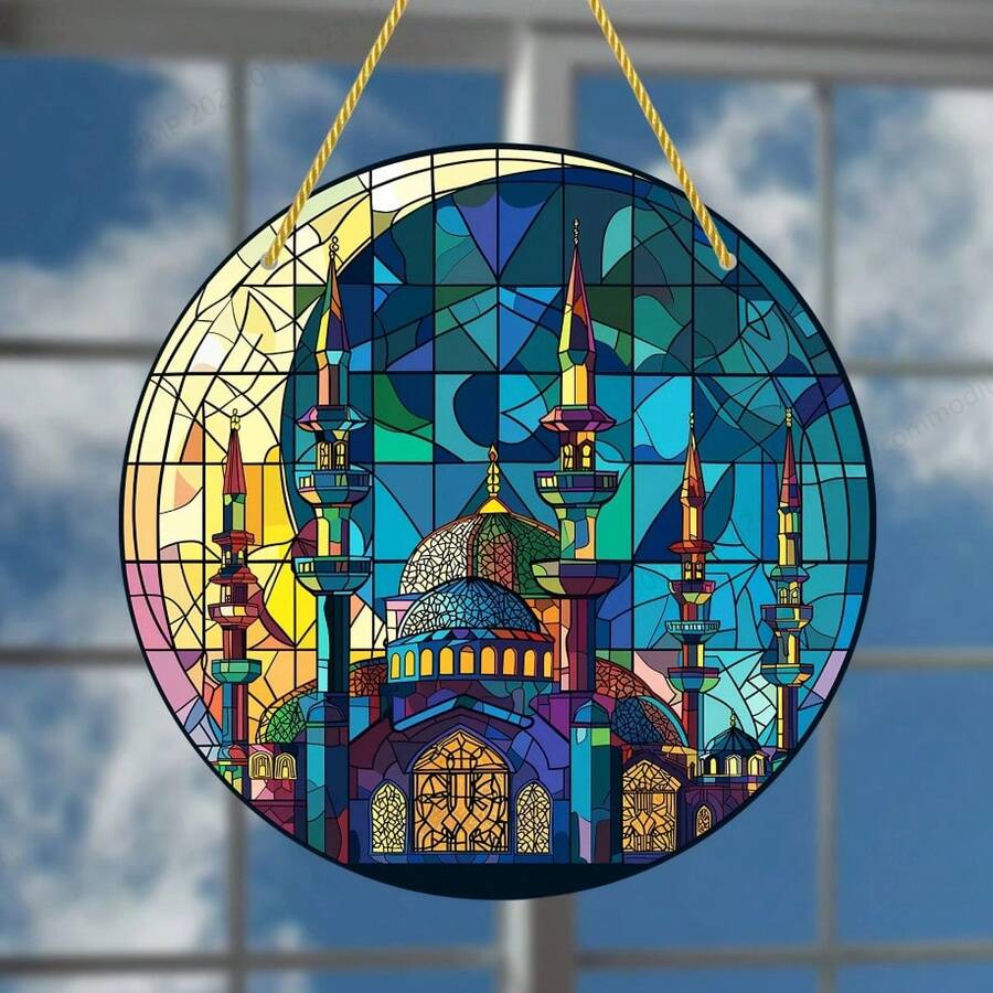 1pc, Acrylic Suncatcher - Moon And Buildings Decorative Plaque For Exquisite Housewarming, Perfect For Eid And Ramadan Decoration - Glass Decor, Window Ornament, Light Catcher, Yard And Garden Decoration, Acrylic Wall Hanging Sign (15cm*15cm/5.9in*5.9in) - Multicolor - View 1