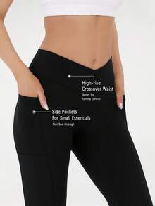 Women V-Cross Waist Tight Sport Pants Lift Buttocks Fitness Yoga Leggings High Waist Compression Workout Leggings, Criss-Cross Waist, Tummy Control, Pockets, Stretchy Fabric For Gym, Running, Training, Yoga Tights - 黑色 - 查看 4