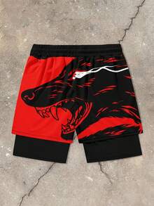 Men's Wolf Print Drawstring Waist Double Layer Shorts - Multicolor - View 3