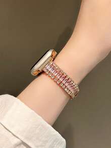 Banda de reloj de acero inoxidable con forma de diamante y de trigo compatible con Series Ultra2/Ultra/11/10/9/8/7/6/5/4/3/2/1/SE - Oro rosa - Ver 3