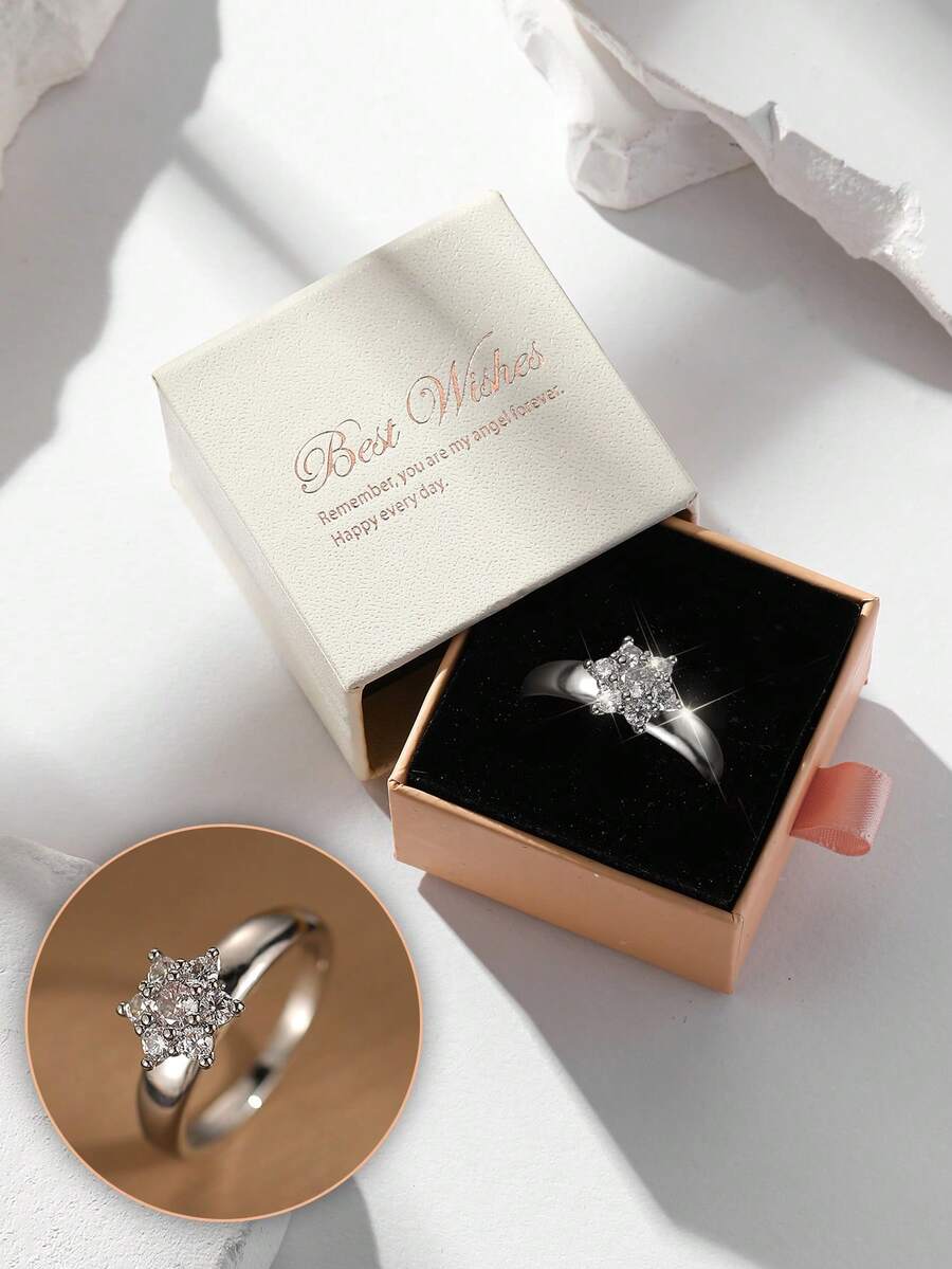 Gift Box Elegant Cubic Zirconia Ring, Women's Wedding, Engagement, Party Versatile Jewelry, Copper Material Non-Fading And Hypoallergenic, Ideal Holiday Gift - Silver - View 1