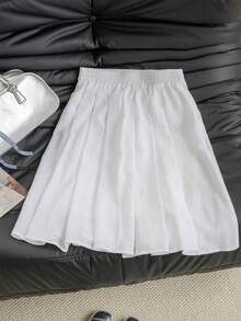 优雅休闲度假风A字裙，弹力腰带，纹理面料，显瘦，夏季穿着。 - 白色 - 查看 6