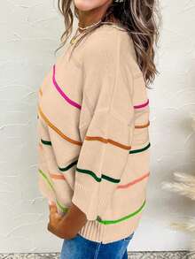 Acelitt Colorblock Striped 3/4 Sleeve Off Shoulder Casual Knit Top, Suitable For All Seasons - Apricot - View 4
