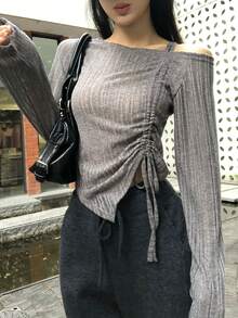 Women's Casual & Commuting Korean Style Asymmetrical Open Shoulder Drawstring Ruched Long Sleeve T-Shirt, Spring/Autumn - Grey - View 3