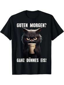 Camiseta vintage con cita divertida en alemán "Buenos días, hielo fino" - Diseño de gato negro con texto en alemán, camiseta casual de manga corta holgada para hombres y mujeres, camiseta transpirable para senderismo y fitness, atuendo de fin de semana, ajuste cómodo, actividades al aire libre de verano - Negro 01 - Ver 1