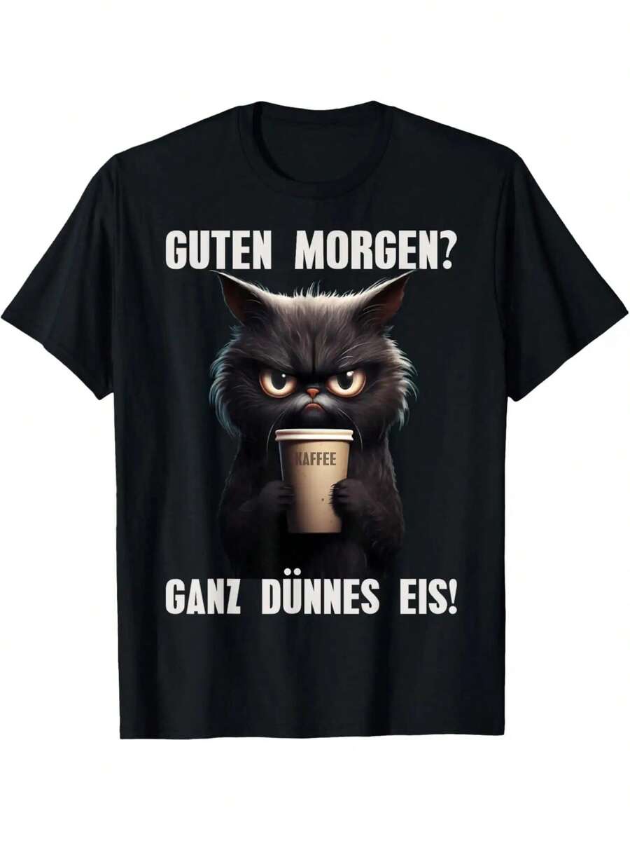 Camiseta vintage con cita divertida en alemán "Buenos días, hielo fino" - Diseño de gato negro con texto en alemán, camiseta casual de manga corta holgada para hombres y mujeres, camiseta transpirable para senderismo y fitness, atuendo de fin de semana, ajuste cómodo, actividades al aire libre de verano - Negro 01 - Ver 1