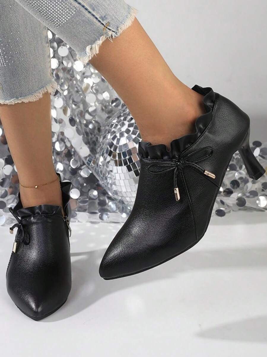 女士时尚蝴蝶结尖头侧拉链系带粗跟高跟鞋，百搭春秋鞋 - 黑色 - 查看 1