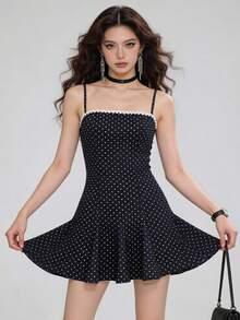 Women Dot Print Mini Dress Slim Ric Rac Square Neck Spaghetti Strap Short A-Line Dresses For Daily Party Club - Black - View 1
