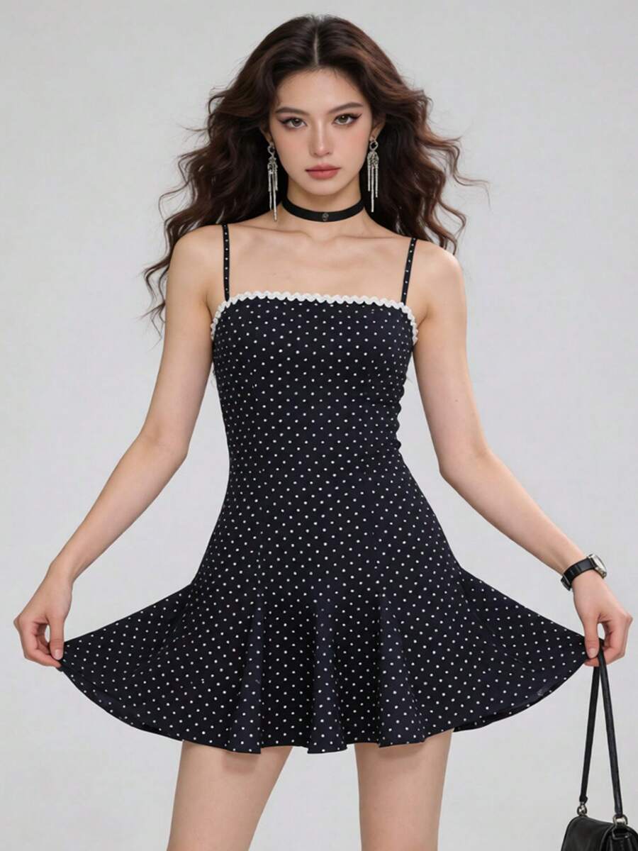 Women Dot Print Mini Dress Slim Ric Rac Square Neck Spaghetti Strap Short A-Line Dresses For Daily Party Club - Black - View 1