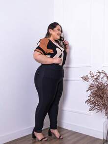 leggings PLus  Couro PU    Zíper  Bolso  Botão    Praia    Primavera - Preto - Visão 4