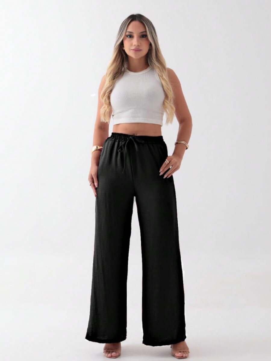 Women's Duna Fabric Wide Leg Pants With Elastic Waistband, Loose Fit, With Pocket, Summer, Spring, Casual, Simple, Vacation - 黑色 - 查看 1