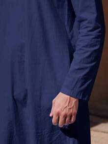 大尺碼男士長款睡袍，長袖，斜口袋，抽繩連帽長袍，中東節慶風格，送給丈夫或男友的禮物 - 藍色 - 查看 7
