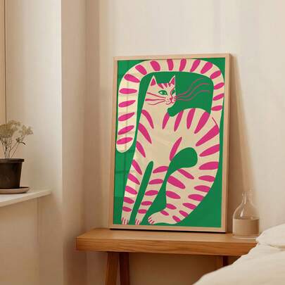 1幅粉色条纹猫咪墙画，趣味小猫帆布印刷画|现代多彩活泼动物装饰画，适用于卧室、客厅或办公室家居装饰，现代抽象可爱猫咪海报，送给爱猫人士的礼物，可选择无框或有框