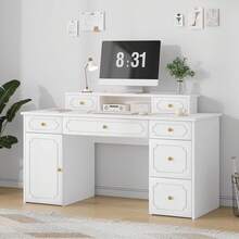 Desk With 7 Drawers, 54 Inch Computer Desk With Cabinet For Work Writing Study, Vanity Desk With Golden Handle For Girls, Bedroom, Black/ White - White - View 1