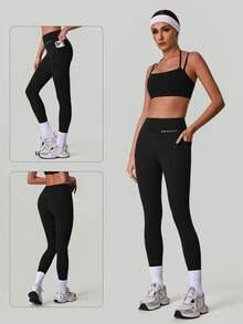 Women's High Waist Tummy Control Yoga Pants, Squat Proof Workout Leggings With Pockets - Black - View 3
