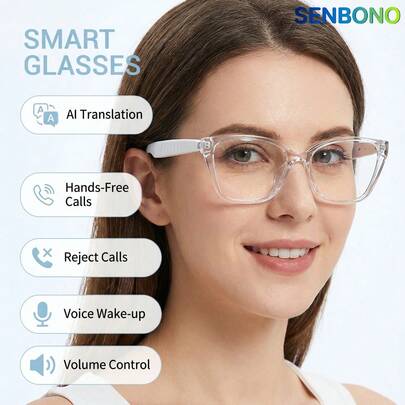  SENBONO AI Translation Smart Glasses, These Glasses Allow For High-Definition Audio, Music Playback Control, Hands-Free Call, Making It Easy To Listen To Music And Manage Calls With Built-In Microphone, Fashion Glasses Suitable For Office, Business, Travel, Wireless Glasses Earphones