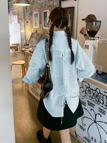 Women's Loose Fit Turndown Collar Backless Tie-Up Long Sleeve Blouse, Lightweight, Spring/Summer - Blue - View 4