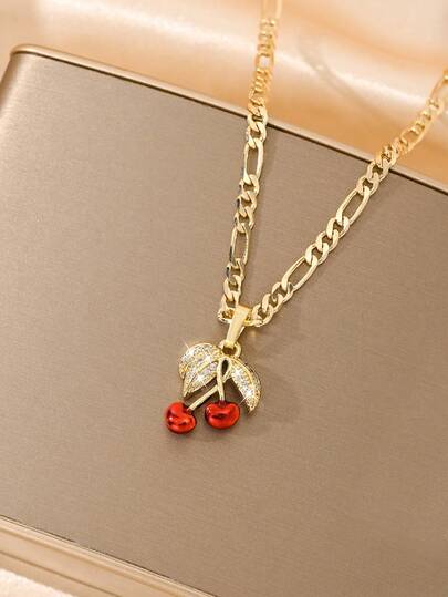1pc Copper Inlaid Zirconia Elegant Cartoon Enamel Crafted Red Cherry Pendant Necklace, Suitable As Gift For Girls/Boys/Family/Friends, Multipurpose, Luxury, Party, Banquet, Holiday, Christmas, Thanksgiving, Halloween