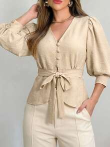 女士优雅卡其色泡泡袖衬衫，简约风格，适合通勤、日常及办公穿着，春秋季款 - 淺卡其 - 查看 1