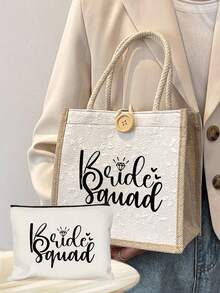 新娘蕾丝印花手提包 白色化妆包 - 印有“爱意满满”字样，新娘字母图案，单件派对婚礼旅行洗漱包，便携式化妆包，多功能包，旅行化妆包，字母图案拉链收纳包 - 彩色 - 查看 3