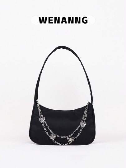 Y2K Style Bag Studded Decor Underarm Purse Women's Chain Handbag For Streetwear Mini Metal Butterfly & Chain Decor Bag, Perfect For Music Festival, 2000s Fashion Style Bag For Women