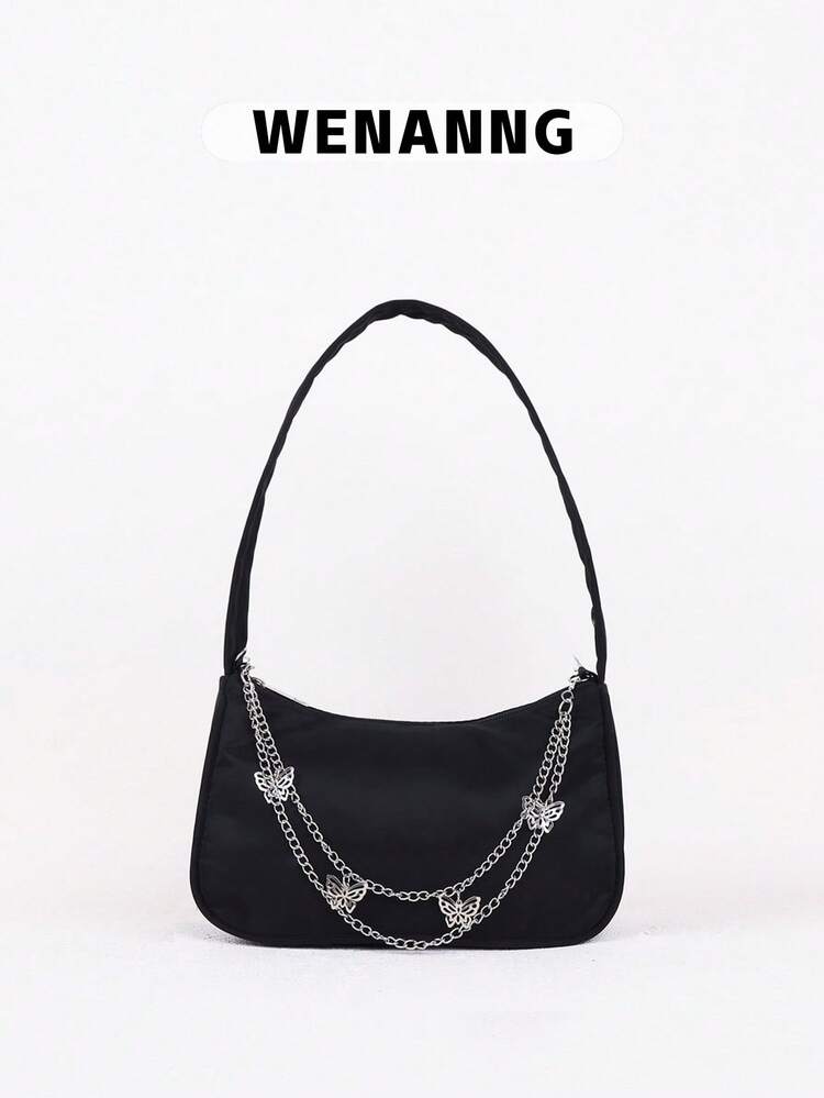 Y2K Style Bag Studded Decor Underarm Purse Women's Chain Handbag For Streetwear Mini Metal Butterfly & Chain Decor Bag, Perfect For Music Festival, 2000s Fashion Style Bag For Women