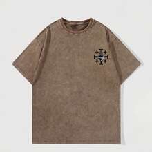 EWH Men Y2K "Jesus Crown Of Thorns" Vintage Washed Grey Christian Deathcore Style Graphic T-Shirt, 230g 100% Cotton Oversized Tee For Streetwear & Faith-Based Metal Fans Gifts 004-AB - 咖啡色 - 查看 2