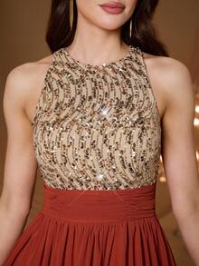 Mgiacy New Arrival Round Neck Halter Fancy Evening Gown Dress Sequin Ruched High Slit Chiffon Long Dress - Champagne - View 6