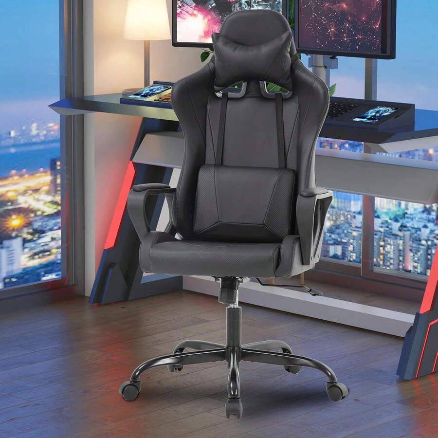PayLessHere Ergonomic Racing Desk Chair Gaming Chair Computer Chair With Armrests 360° Swivel & Caster Pu Desk Task Chair Executive Headrest Lumbar Support For Back Pain Women Men And Adults (Black) - 黑色 - 查看 1