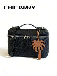 Summer Women's Elegant Fashion Handbag, Black Woven Textured Square Box Crossbody Bag, Casual Vacation Style, Lightweight Compact Tote Bag For Outdoor, Decorated With Coconut Tree Charm, Cute Minimalist Design, Suitable For Shopping, Dating, Party, Travel - Black - View 7