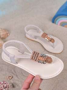 1双女童珍珠装饰平底凉鞋，防滑耐穿儿童罗马凉鞋，适合夏季穿着 - 米色 - 查看 9