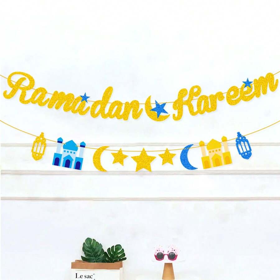 Ramadan Kareem Banner Eid Ramadan Decoration - Gold Glitter Letter Garland With Moon, Star, Mosque And Lanterns, Islamic Festival Decor For Home, Party, Ramadan Decoration Ramadan Items - Ramadan Ribbon Art - B - View 1