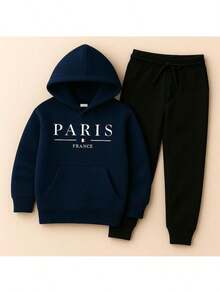 Boys' Paris Kangaroo Hoodie Set, Various Colors, Cotton Flannel - Màu xanh hải quân - Xem 2