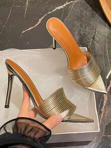 女士新款露趾凉鞋，豹纹搭扣高跟鞋，性感10厘米超高跟凉鞋，春夏款 - 金色 - 查看 8