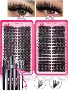 576/544 Individual/32 Pairs Of Cartoon-Style False Eyelashes, With A Natural Look, Resembling The Eyelashes Of A Fairy. Suitable For Beginners, Single Eyelashes, D-Shaped Curly Clusters Of Eyelashes, Large Capacity Sets, Beginner-Friendly False Eyelash Extension Sets, Including Glue, Sealant And Tweezers. - Black - View 6