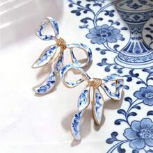 2pcs/Set Vintage Oil Painting Drip Blue & White Porcelain Bow Earrings, Fashionable Enamel Ribbon Earrings For Women - Multicolor - View 13