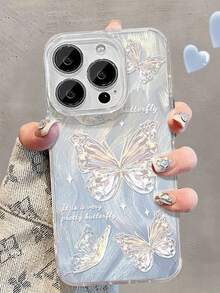 1pc Elegant Butterfly Stand Phone Case Compatible With IPhone 11/12/13/14/15/16/17 Pro Max - Baby Blue - View 2
