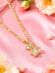 1pc Copper Inlaid Zirconia Cute Mischievous Lucky Bear Pendant Necklace, Suitable For Girls/Boys/Family/Friends, Multifunctional, Luxury, Party, Banquet, Holiday, Christmas, Thanksgiving, Halloween, Gift - Yellow Gold - View 6