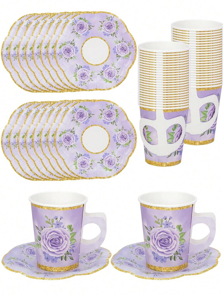 20个/40个紫色花卉茶会用品，带把手的花朵茶杯，扇形薰衣草花卉纸盘，一次性花朵杯碟套装，适用于下午茶、花园生日、新娘婚礼派对餐桌装饰 - 紫色 - 查看 1