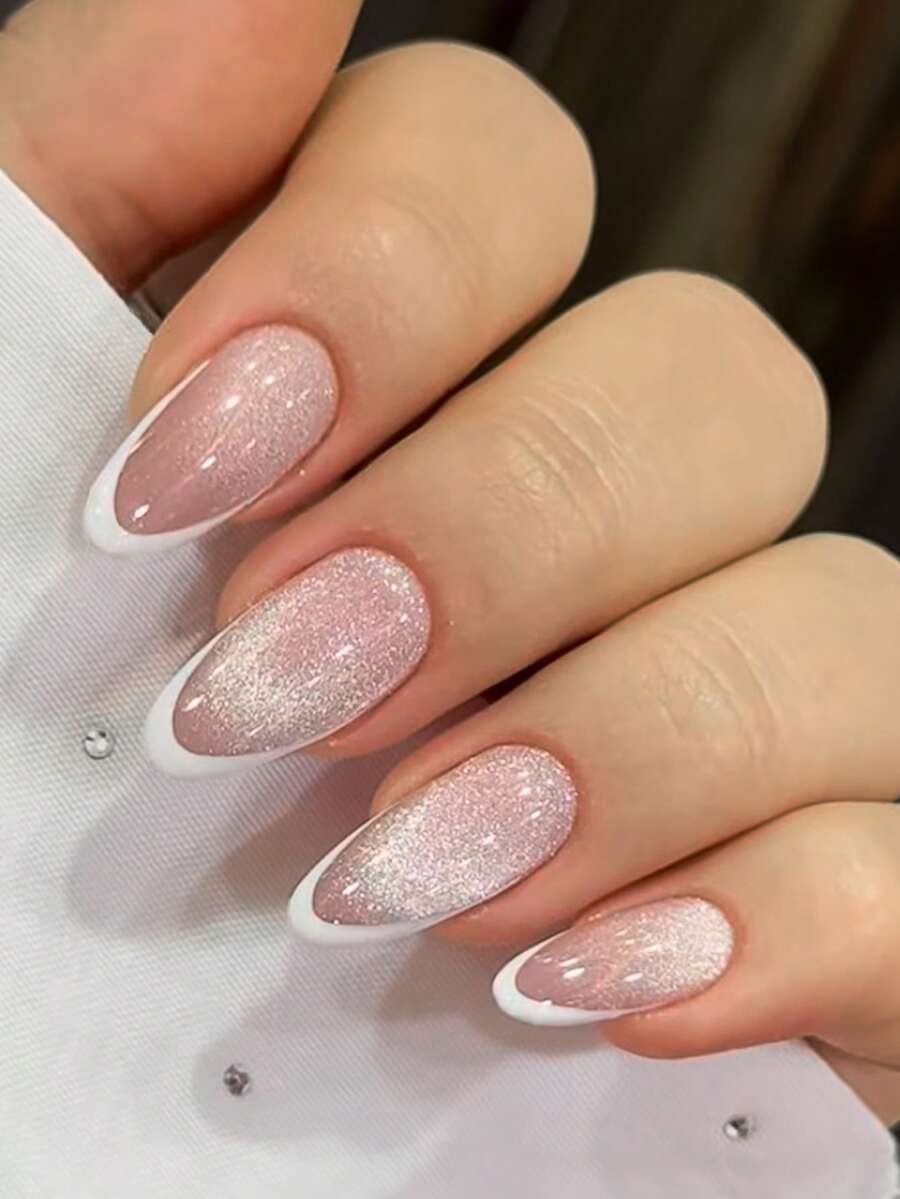 10片法式杏仁形亮面亚克力假指甲，简约Y2K风格亚克力法式美甲贴片，适合女性和女孩日常佩戴的美甲用品