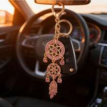 1pc Car Key Chain, Car Interior Decor, Suitable As Valentine's Day Gift, New Dreamcatcher Design With Rhinestones And Hollow Feather, Metal Small Gift, (2 Clasp Styles Randomly Sent) - A - View 5