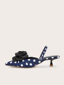 Giày lười mũi nhọn dành cho nữ, kiểu dáng thanh lịch, đa năng, thoải mái, thích hợp cho các bữa tiệc, giày cao gót đế thấp bằng satin trang trí hoa văn. - Chấm bi xanh - Xem 4