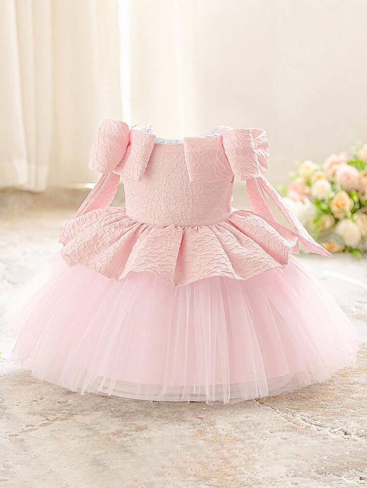 女婴无袖3D蝴蝶结提花网纱拼接可爱婚礼花童公主裙，适合一周岁生日派对、重要场合、宴会（不含头饰） - 粉色 - 查看 3