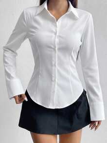 Women's New Slim Fit Long Sleeve Collared Button-Up Shirt, Minimalist & Fashionable, Elegant & Casual, Essential Wardrobe Piece, Spring/Autumn White - White - View 5