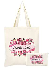 10/5/4/2pcs/1pc/Set Teacher Themed Canvas Tote Bag, Shopping Bag, Zipper Pouch, Appreciation Card, Apple Keychain Canvas Gift Set, Suitable For Back To School, Graduation, Teacher's Day, Multi-Purpose Shopping Bag, Book Bag, Stationery Pouch Set, Portable For SPA, Party, Gym, Travel, Cosmetic Organizer - Beige - View 21